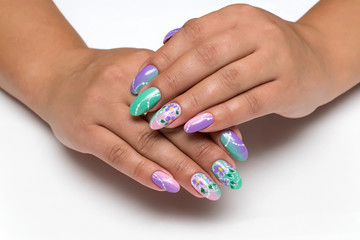 Wedding mint pink, purple manicure with painted flowers, stripes and circles on long oval nails
