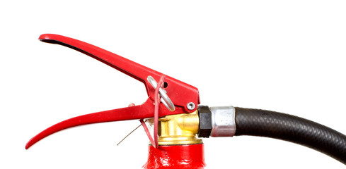 The trigger of the fire extinguisher with a black hose isolated on white background