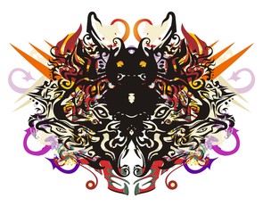 Scary tribal colorful butterfly wings. Awful butterfly inspiring fear with the color twirled decorative elements and arrows isolated on white