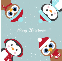 Fototapeta premium greeting card with penguins and owls