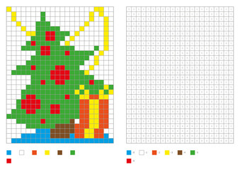 Kids coloring page, pixel coloring with funny christmas tree. Vector illustration