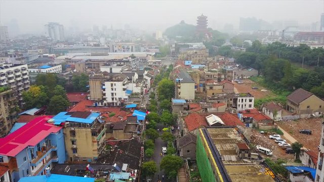 day time wuhan city slum living block yellow crane tample aerial panorama 4k china
