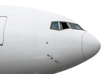 Close up isolated large passenger airplane nose.