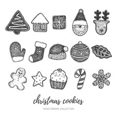 Set of christmas cookies. Hand drawn vintage black and white elements. Isolated vector items.