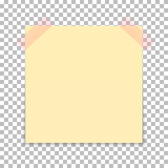 Yellow sheet of note paper with adhesive tape on a transparent background. Vector illustration