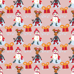 Vector Christmas characters. New year pattern with presents