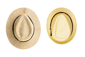 collection of vintage pretty straw hat isolated on white background