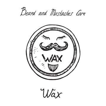 Beard and mustaches care wax box with inscription, hand drawn doodle sketch, isolated vector illustration