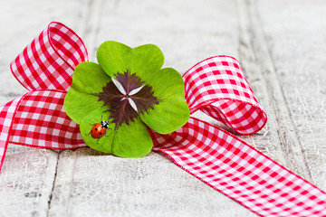 Kleeblatt und Marienkäfer in Geschenkschleife