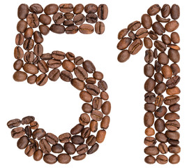 Arabic numeral 51, fifty one, from coffee beans, isolated on white background