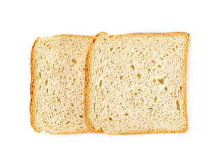 Integral whole wheat toast bread slices isolated on white background, top view