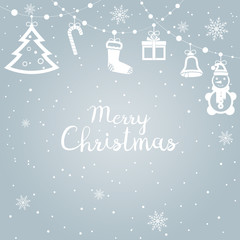 Abstract background with snow and snowflakes. Gerland on which hangs a set of Christmas toys. It can be used as an invitation, poster, template, postcard, New Year, Christmas. Vector illustration