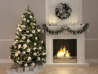 3d rendering. christmas scene with decorated tree and fireplace.