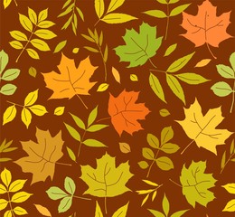 Naklejka na ściany i meble Autumn leaves, seamless pattern, brown, vector. Autumn leaves, seamless pattern, brown, vector. Yellow, green and orange leaves on a brown field. Vector color pattern. Nature, autumn. 