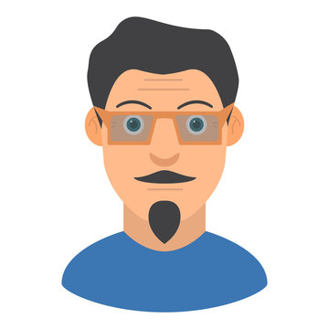 young man with a beard and moustaches in sunglasses. Hipster guy. In flat style a vector. Icon avatar.Person wearing spectacles.
