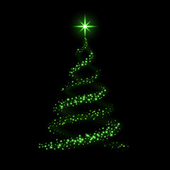 Christmas tree card background. Green Christmas tree as symbol of Happy New Year, Merry Christmas holiday celebration. Sparkle light decoration. Bright shiny design Vector illustration