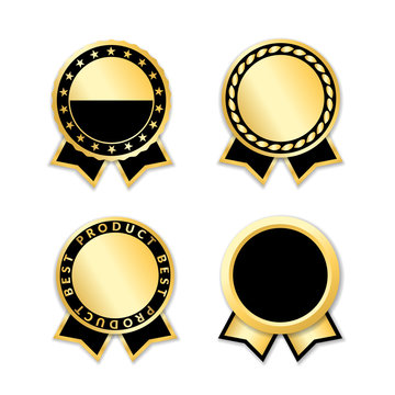 Award ribbon isolated set. Black and gold design for medal, label, badge, certificate. Symbol of best sale, price, quality, guarantee, achievement. Ribbon award decoration Vector illustration
