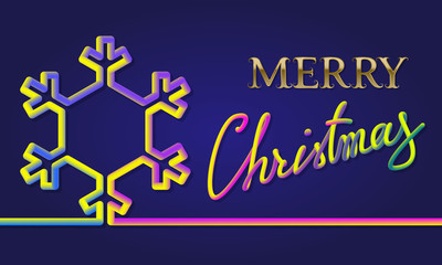 Merry Christmas colorful inscription lettering with fluid colors snowflake silhouette. Holiday greeting card design.