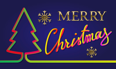 Merry Christmas colorful inscription lettering with fluid colors christmas tree silhouette. Holiday greeting card design.