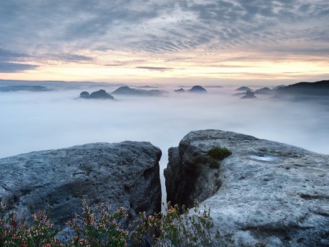 View over sharp sandstone edge into long valley full of first autumnal mist. The misty forest valley of national park i