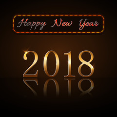 Happy New Year background. Gold numbers 2018 card. Christmas design with light, vibrant, glow and sparkle, glitter. Symbol of holiday, celebration. Luxury golden texture. Vector illustration