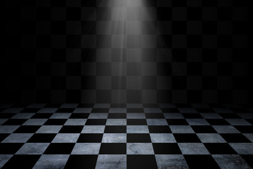 Black And White Checker floor Grunge Room. Checker floor lead into dark empty space - obrazy, fototapety, plakaty