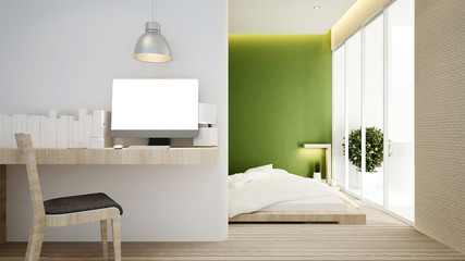 workplace and bedroom on green tone in home or apartment - Interior design - 3D Rendering