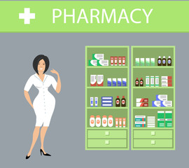 Web banner of a pharmacist. Pharmacy in a green color. Young woman in a white robe points to the shelves with medicines. Vector illustration