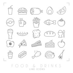 Fototapeta na wymiar Trendy simple thin line food icons big set. Fast food and breakfast, national and healthy food symbols.