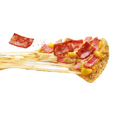 Delicious thin flame grilled ham and pineapple pizza with mozzarella cheese and crack isolated on white
