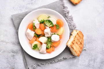 Soup from vegetable and chicken breast