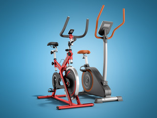 Two modern sport exercise bike yellow purple 3d render on blue background