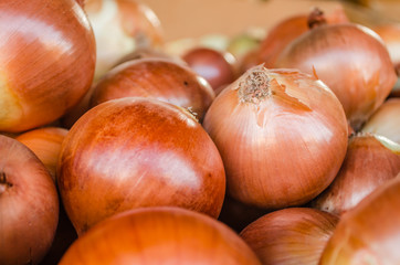 onions piled for farmer market close-up