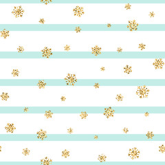 Christmas gold snowflake seamless pattern. Golden glitter snowflakes on blue white lines background. Winter snow texture design wallpaper Symbol holiday, New Year celebration Vector illustration