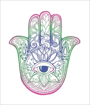 Illustration of an ancient symbol of hamsa. Color gradient hand drawing