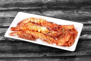 Korean food,Fried Baechu Kimchi with prawn.
