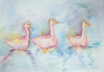 Three pink gooses swimming. The dabbing technique gives a soft focus effect due to the altered surface roughness of the paper.