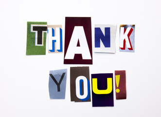 A word writing text showing concept of Thank You, Thanking made of different magazine newspaper...