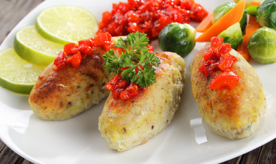 close-up of baked in oven fish cutlets