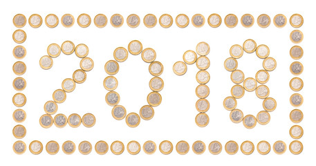 2018 with euro cois, number written with currency on white background