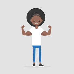 Young black girl demonstrating her strength / editable flat vector illustration