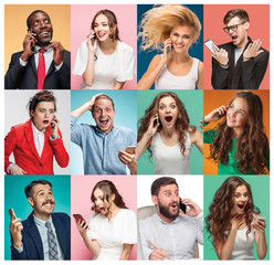Fototapeta premium The collage of young men and women with mobile phones