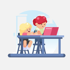 little girl schoolgirl and boy schoolboy doing homework. Children workplace for study. Vector colorful illustration in flat style image