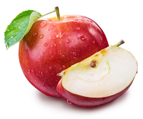 Ripe red apple with water drops.