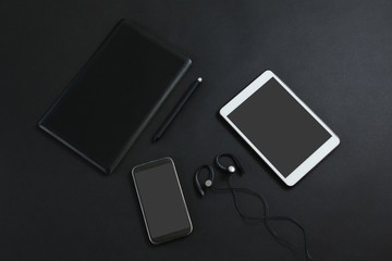 Mobile phone, graphic tablet, headphones, pen and digital tablet