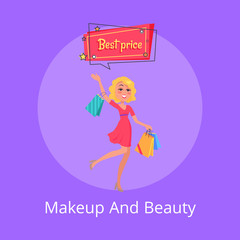 Makeup and Beauty Poster with Woman Shopping Bags