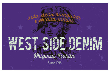 West side denim Berlin clothing tag, with latin words - acta deos numquam mortalia fallunt, meaning - mortal actions never deceive the gods. 