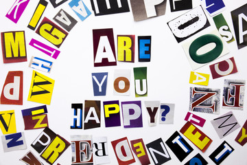 A word writing text showing concept of Are You Happy question made of different magazine newspaper letter for Business case on the white background with copy space