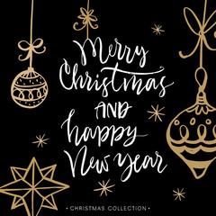 Merry Christmas and Happy New Year. Christmas greeting card with calligraphy. Handwritten modern brush lettering. Hand drawn design elements.