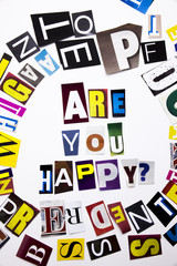 A word writing text showing concept of Are You Happy question made of different magazine newspaper letter for Business case on the white background with copy space